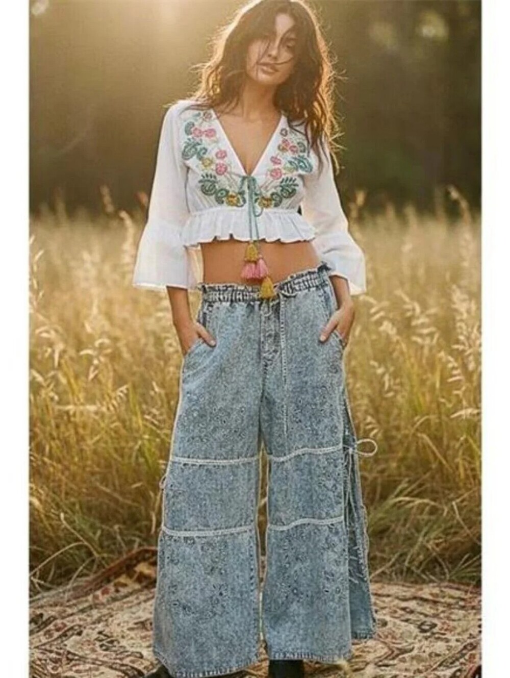 POL BoHo White Multi Color Embroidered Beaded Tie Ruffle Cropped Cotton Top M